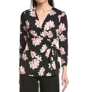 Anne Klein Floral Wrap Blouse‎ Black Pink Surplice V-Neck Long Sleeve XL